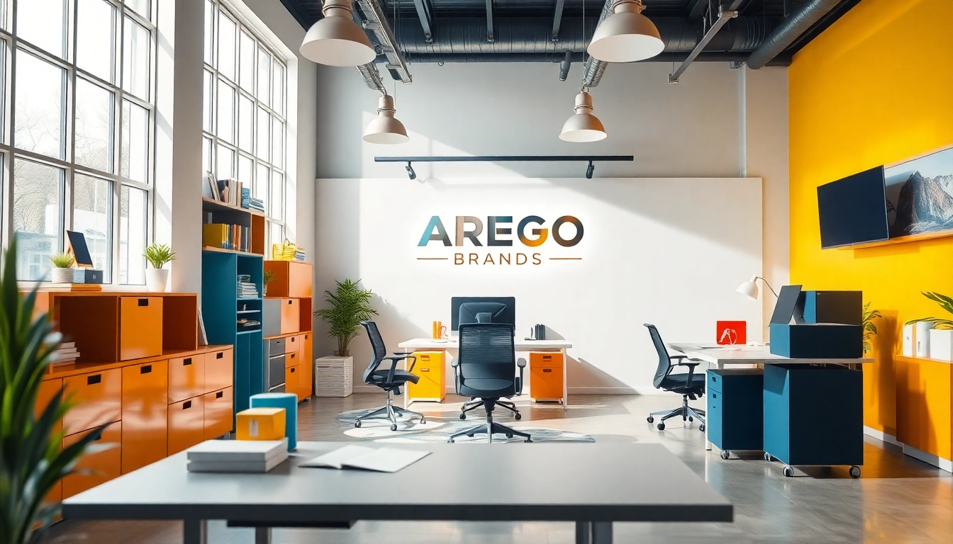 Showcase innovative products from AREGO BRANDS in a vibrant workspace, exuding a motivational atmosphere.