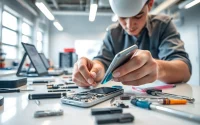 Riparazione iPhone torino: tecnico esperto al lavoro su un iPhone in un laboratorio moderno.