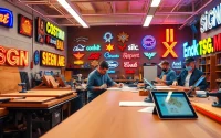 Artisans creating custom signs at a Calgary sign company workshop