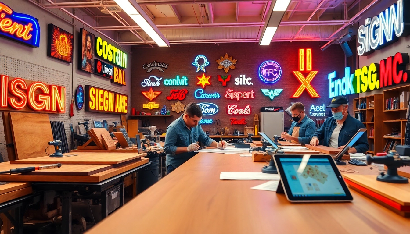 Artisans creating custom signs at a Calgary sign company workshop