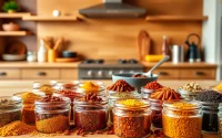 Showcase of Single Origin Spices in jars with warm kitchen backdrop, emphasizing vibrant colors.