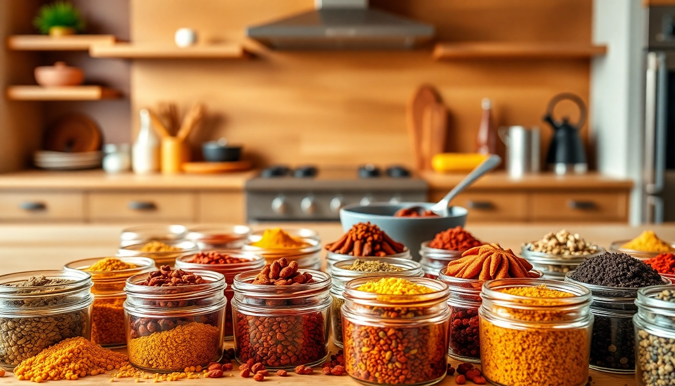 Showcase of Single Origin Spices in jars with warm kitchen backdrop, emphasizing vibrant colors.