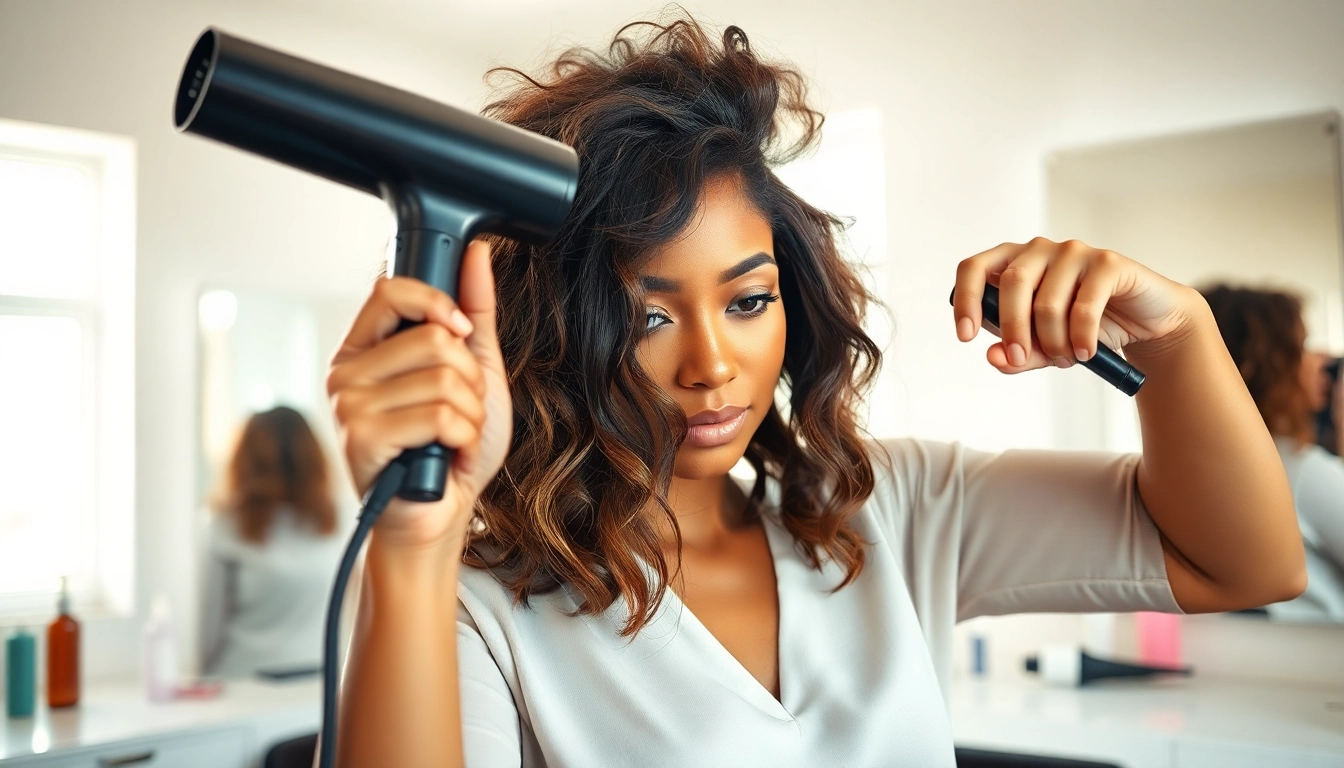 Stylish hair dryer for fine hair in action, enhancing volume in a salon setting.
