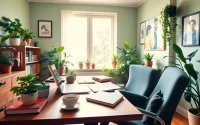Remote worker showcasing online jobs in a cozy home office setup with bright natural light.