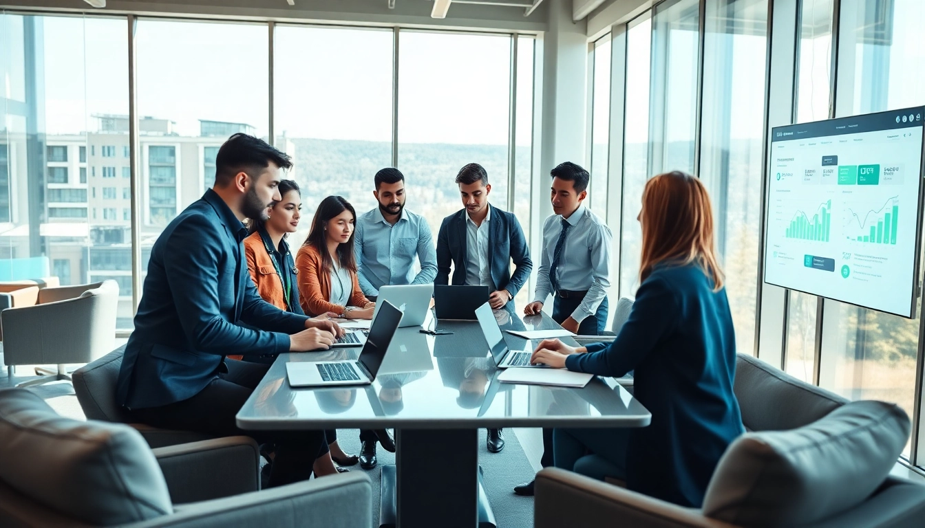 Recruitment team collaborating on startup recruitment agency strategies in a modern office.