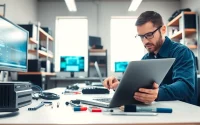Un tecnico esperto in riparazione computer torino sta lavorando su un laptop nel suo laboratorio.
