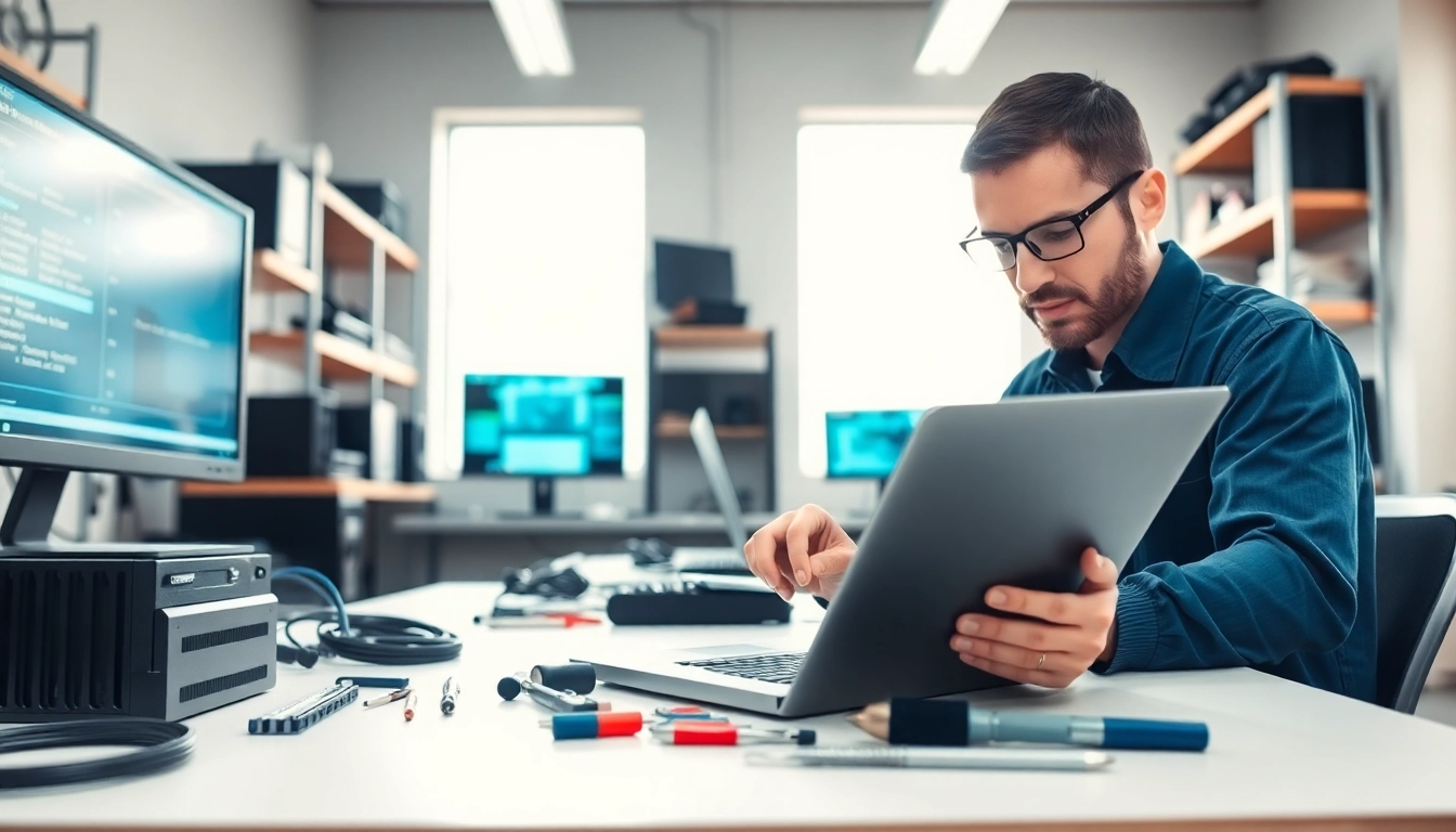 Un tecnico esperto in riparazione computer torino sta lavorando su un laptop nel suo laboratorio.