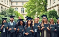 Buy UK degree proudly displayed among graduates in a beautiful university setting.
