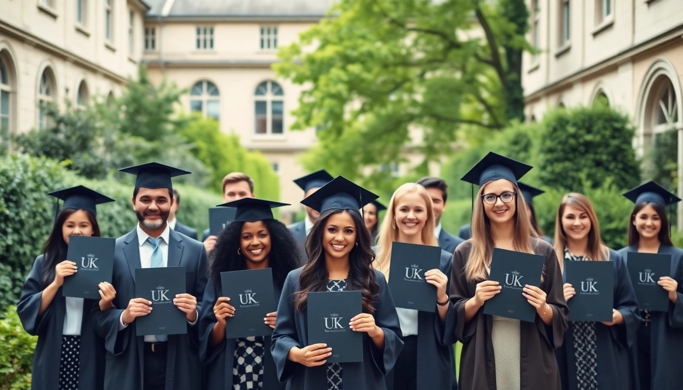 Buy UK degree proudly displayed among graduates in a beautiful university setting.