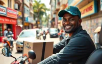 Capture delivery apps in Lagos with a focused driver amidst the bustling city environment.