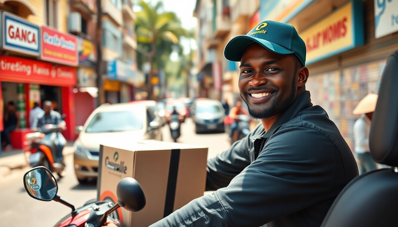 Capture delivery apps in Lagos with a focused driver amidst the bustling city environment.