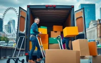Efficient london moving companies professionals in action, loading a moving van against London's iconic skyline.