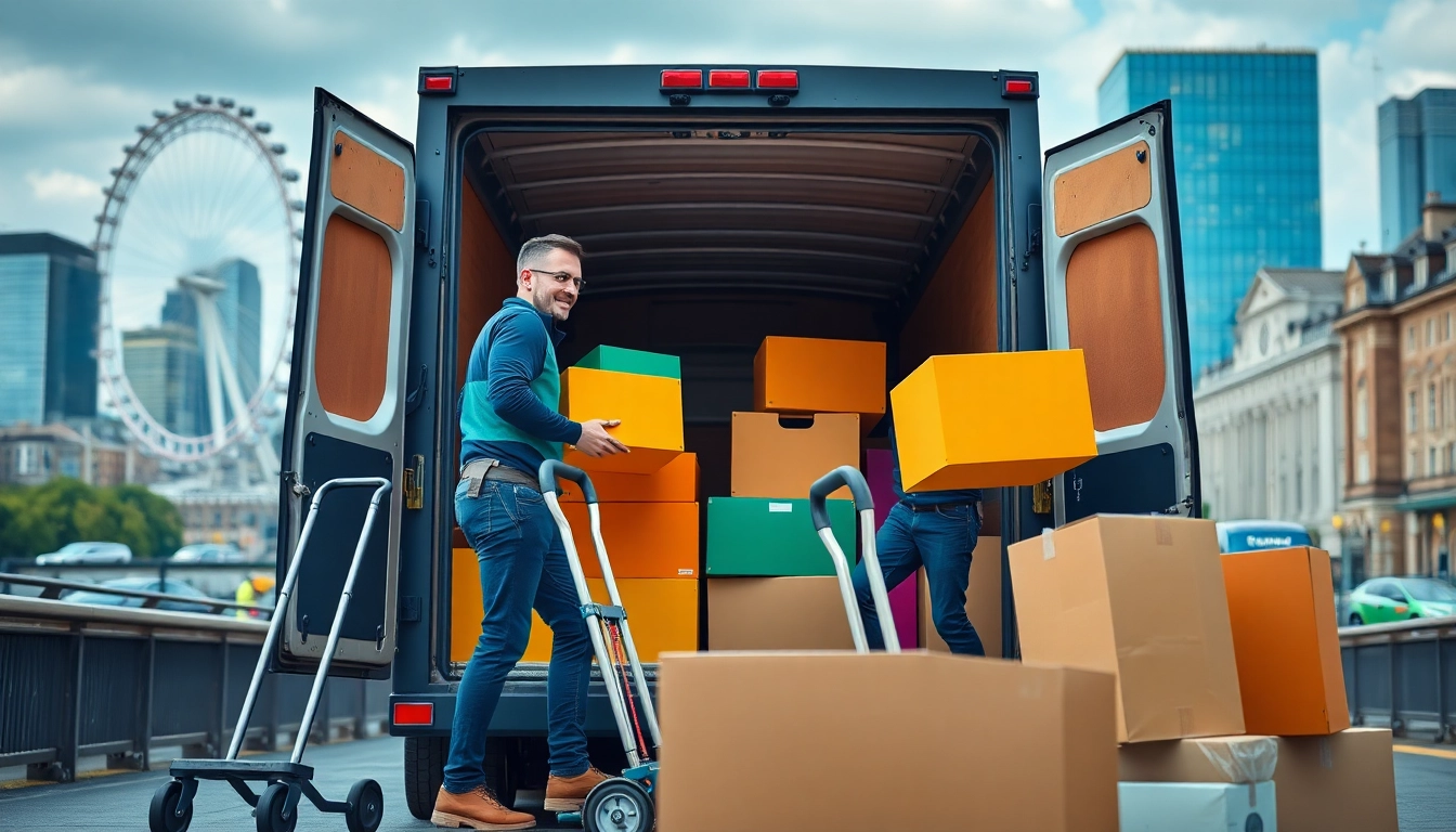 Efficient london moving companies professionals in action, loading a moving van against London's iconic skyline.