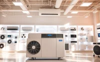 Find HVAC dealers near me with modern air conditioning systems displayed in a bright showroom