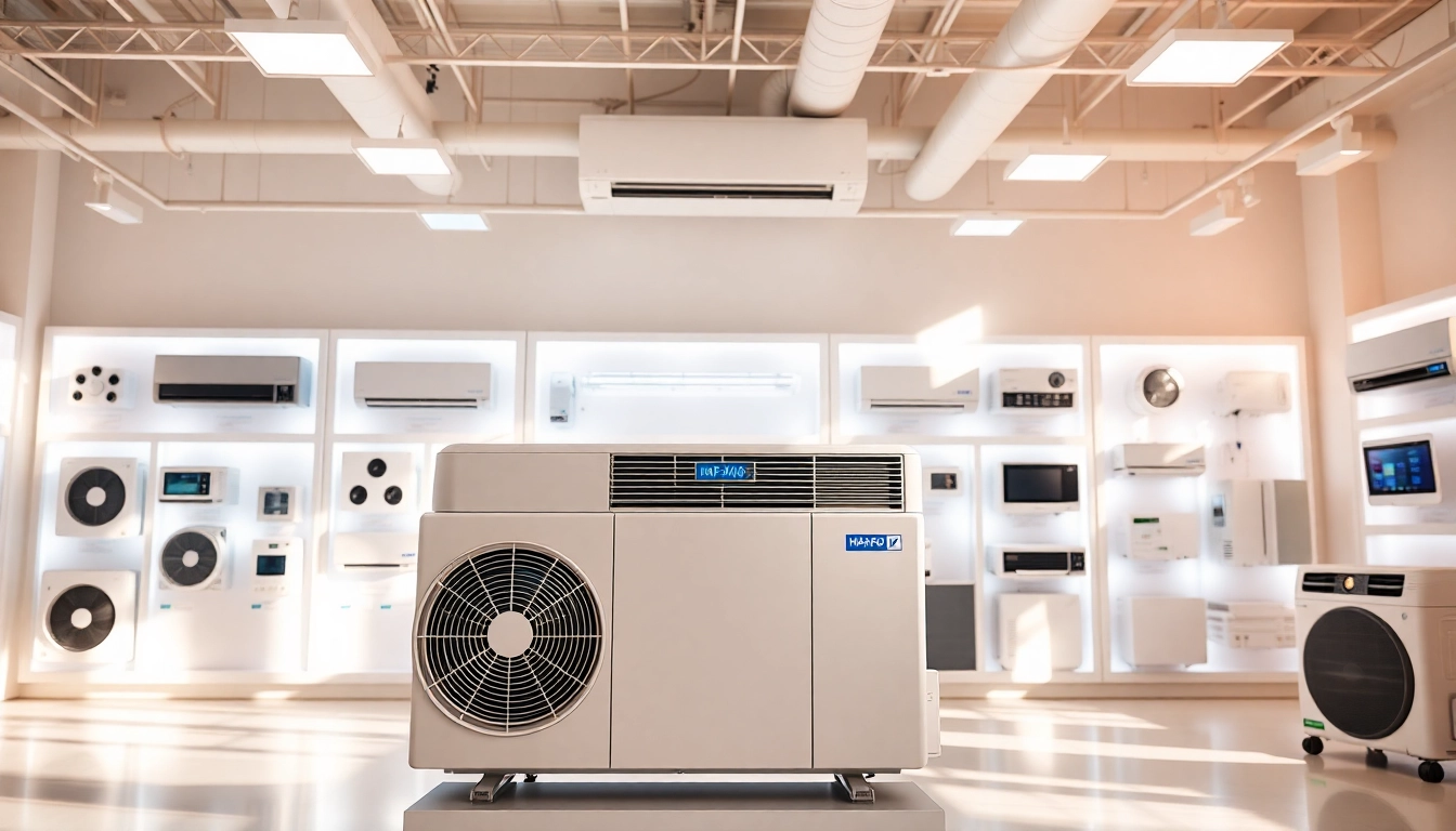 Find HVAC dealers near me with modern air conditioning systems displayed in a bright showroom