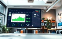 Showcasing AI design solutions on an interactive dashboard in a modern office setting