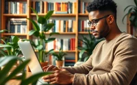 Sensitive entrepreneur brainstorming ideas in a stylish home office filled with inspiration.