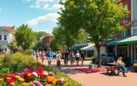 Visitors enjoying Clarksburg's vibrant community spaces with greenery and local architecture.