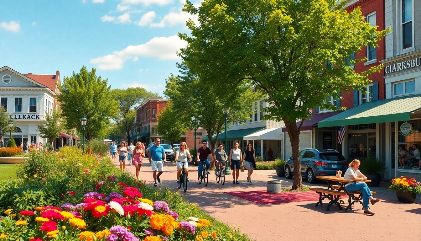 Visitors enjoying Clarksburg's vibrant community spaces with greenery and local architecture.