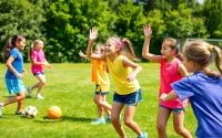 A group of girls participating in Multi Sports Camps for Girls, engaged in various sports activities.