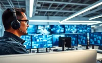 Monitor of edmonton tech security systems in a modern office with a focused operator.