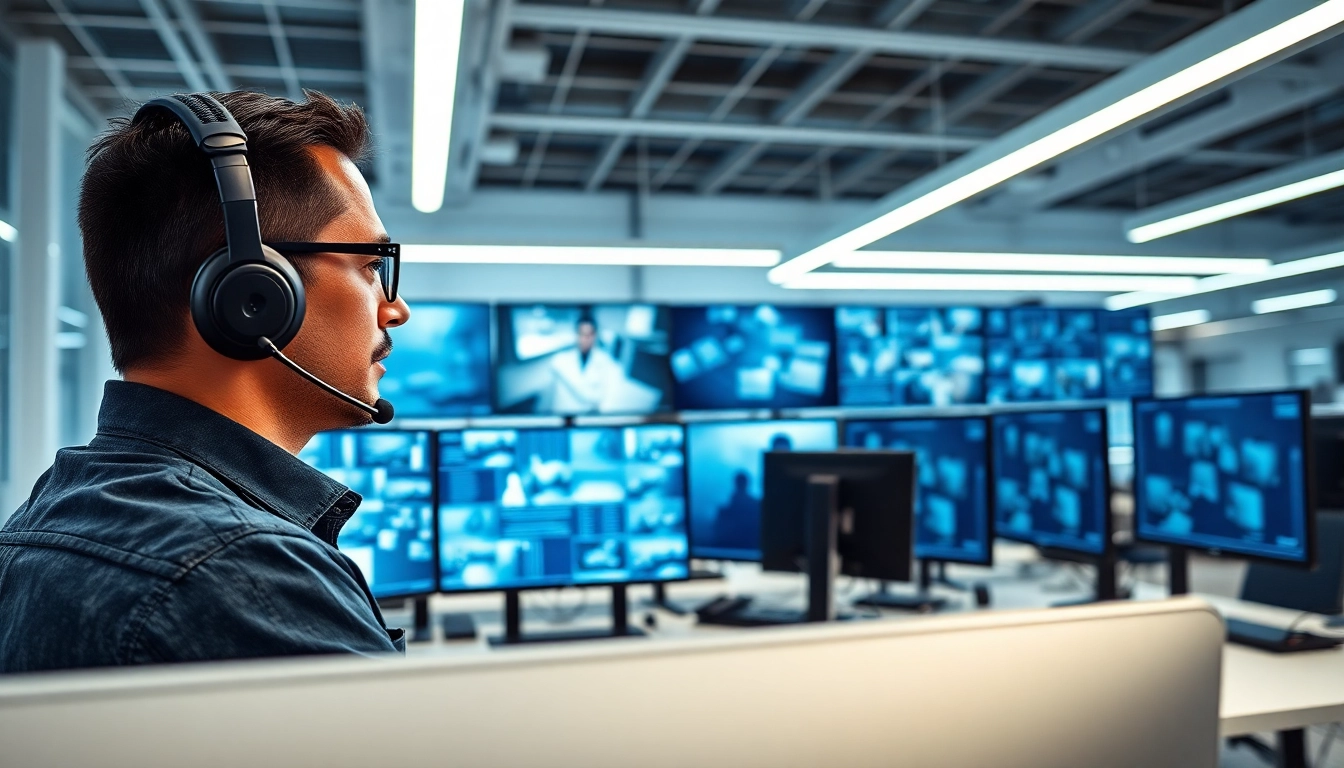 Monitor of edmonton tech security systems in a modern office with a focused operator.