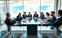 Business leaders negotiating trade agreements in a modern conference room with maps and charts.
