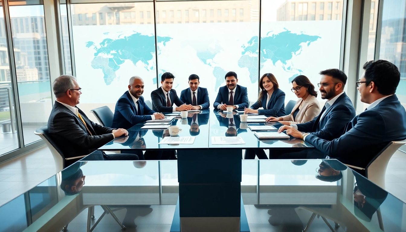 Business leaders negotiating trade agreements in a modern conference room with maps and charts.