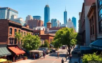 Vibrant street scene of Downtown Jersey City showcasing a mix of modern high-rises and historic brownstones.