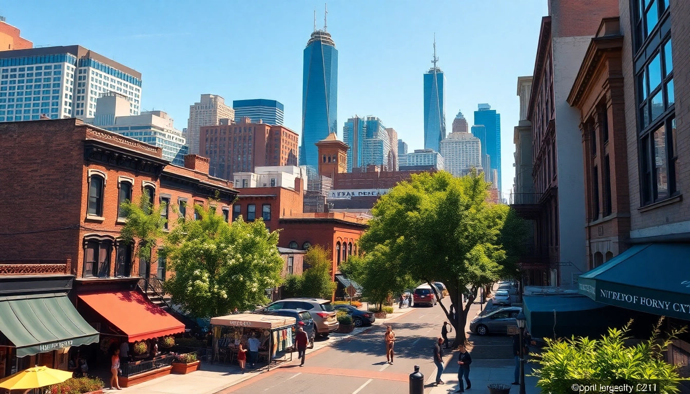 Vibrant street scene of Downtown Jersey City showcasing a mix of modern high-rises and historic brownstones.