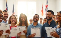 Citizens celebrating their new citizenship with joy and pride in a bright room.