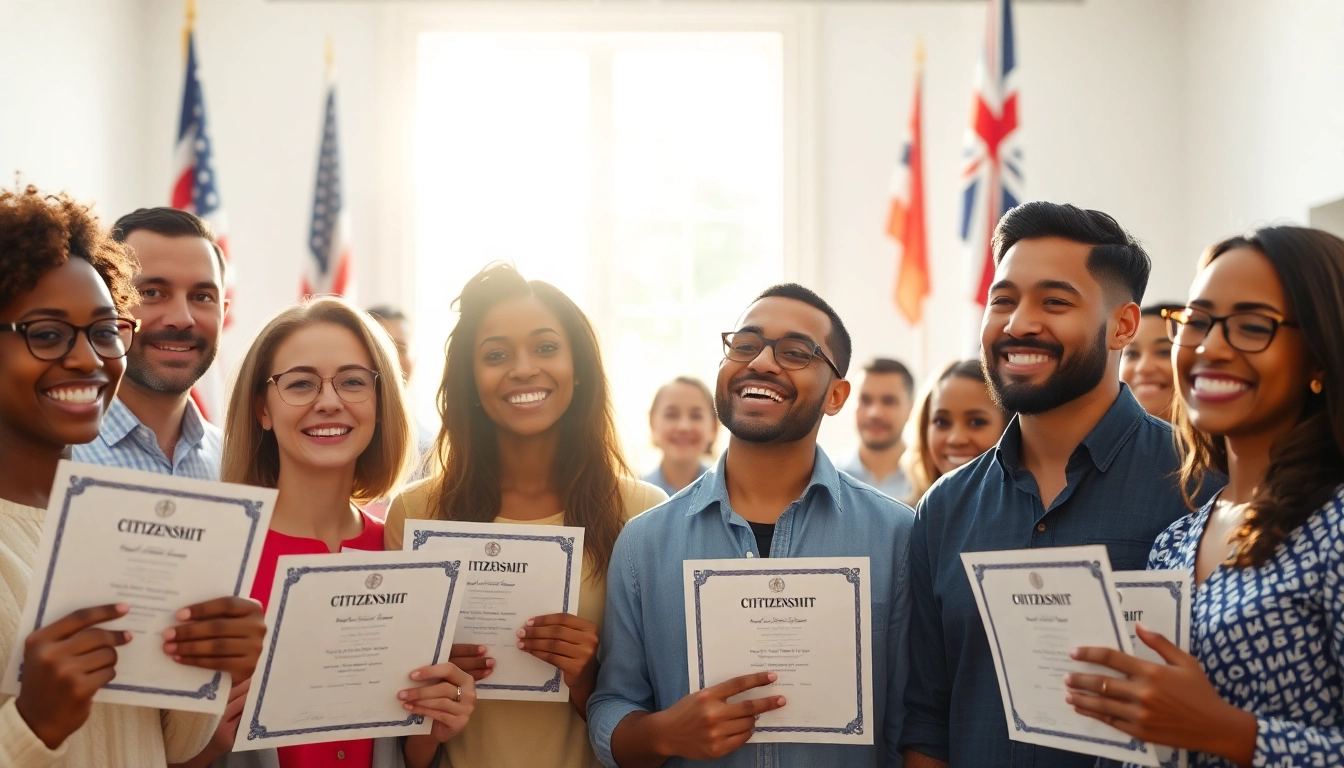 Citizens celebrating their new citizenship with joy and pride in a bright room.