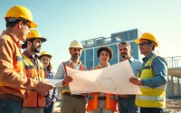 Contractors from the southern california contractors association collaborating on a construction project, discussing plans and blueprints.