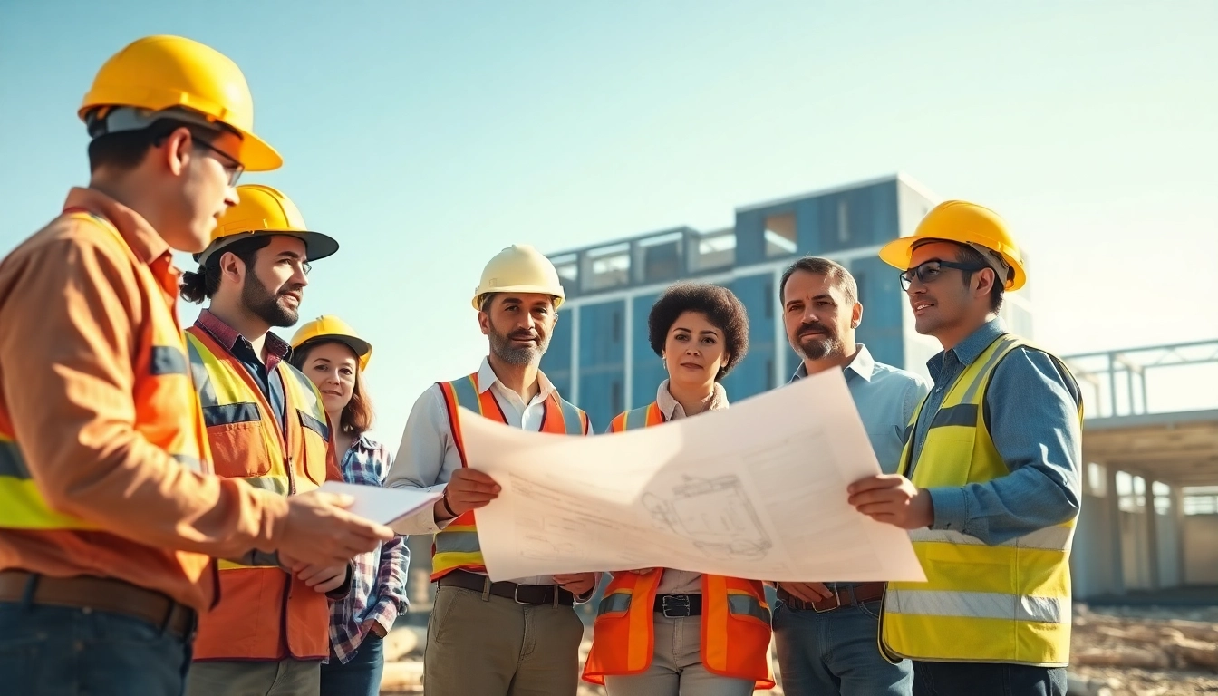 Contractors from the southern california contractors association collaborating on a construction project, discussing plans and blueprints.