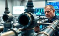 Engineer performing pipe stress analysis on a detailed piping system diagram in a professional lab setting.