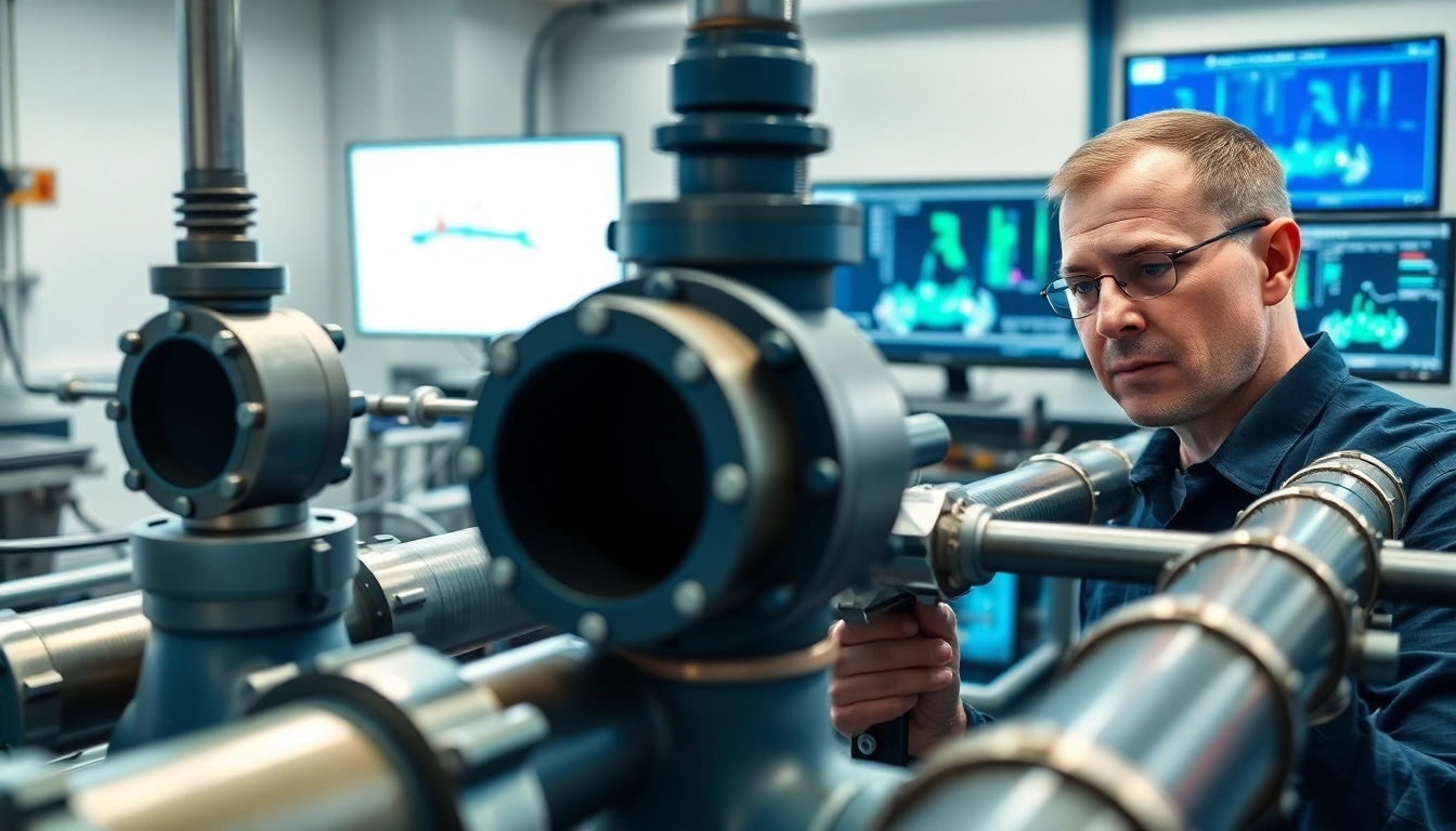 Engineer performing pipe stress analysis on a detailed piping system diagram in a professional lab setting.