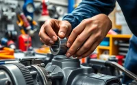Expertly handling gearbox bearing replacement in an automotive workshop with precision tools.