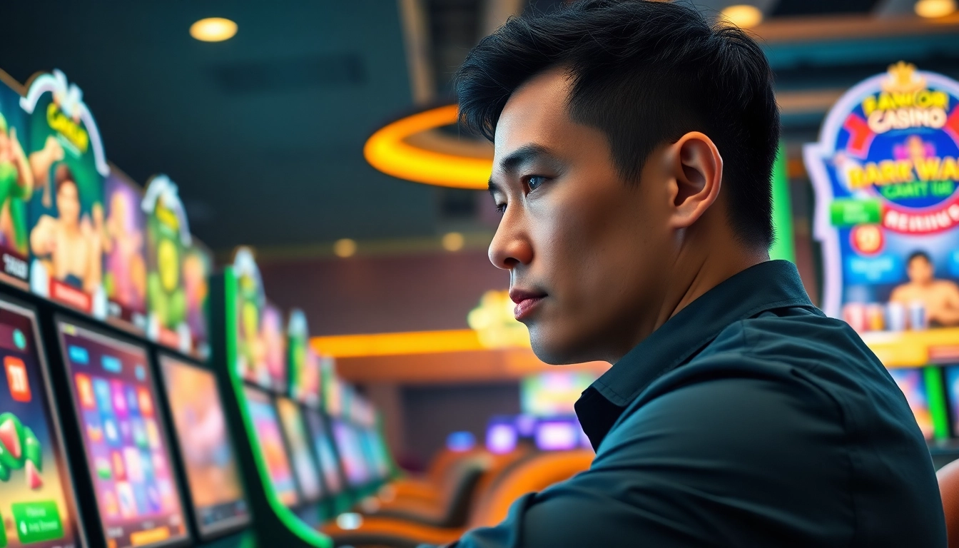 Engaged player at a pagcor online casino, showcasing a vibrant gaming environment with modern technology.