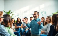 Engaging business coaching service session fostering collaboration and growth in a vibrant office.