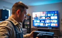 IPTV provider in UK technician setting up home streaming service in a modern living room.