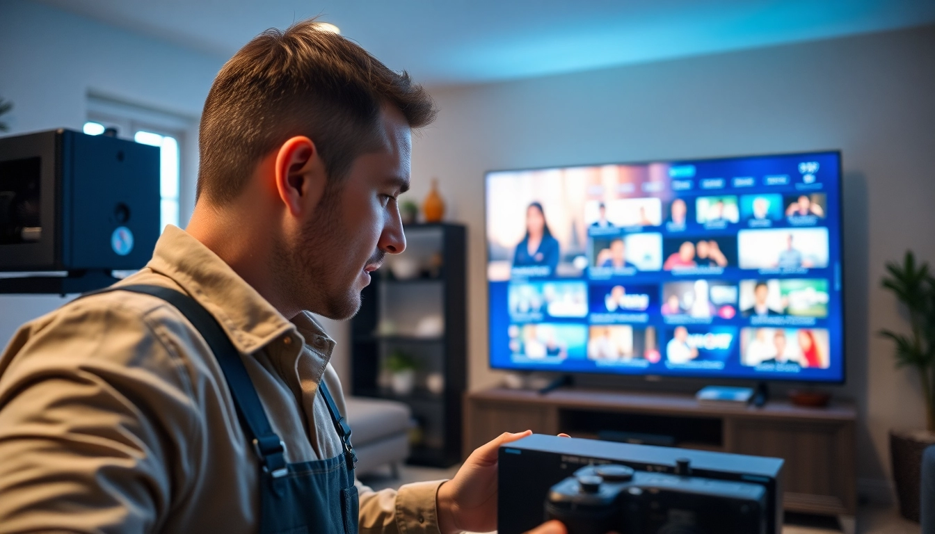 IPTV provider in UK technician setting up home streaming service in a modern living room.