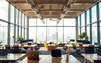 Voffice coworking space featuring sleek workstations and a vibrant atmosphere.
