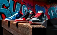 Sneaker reps displayed in a vibrant urban backdrop, showcasing unique styles and craftsmanship.