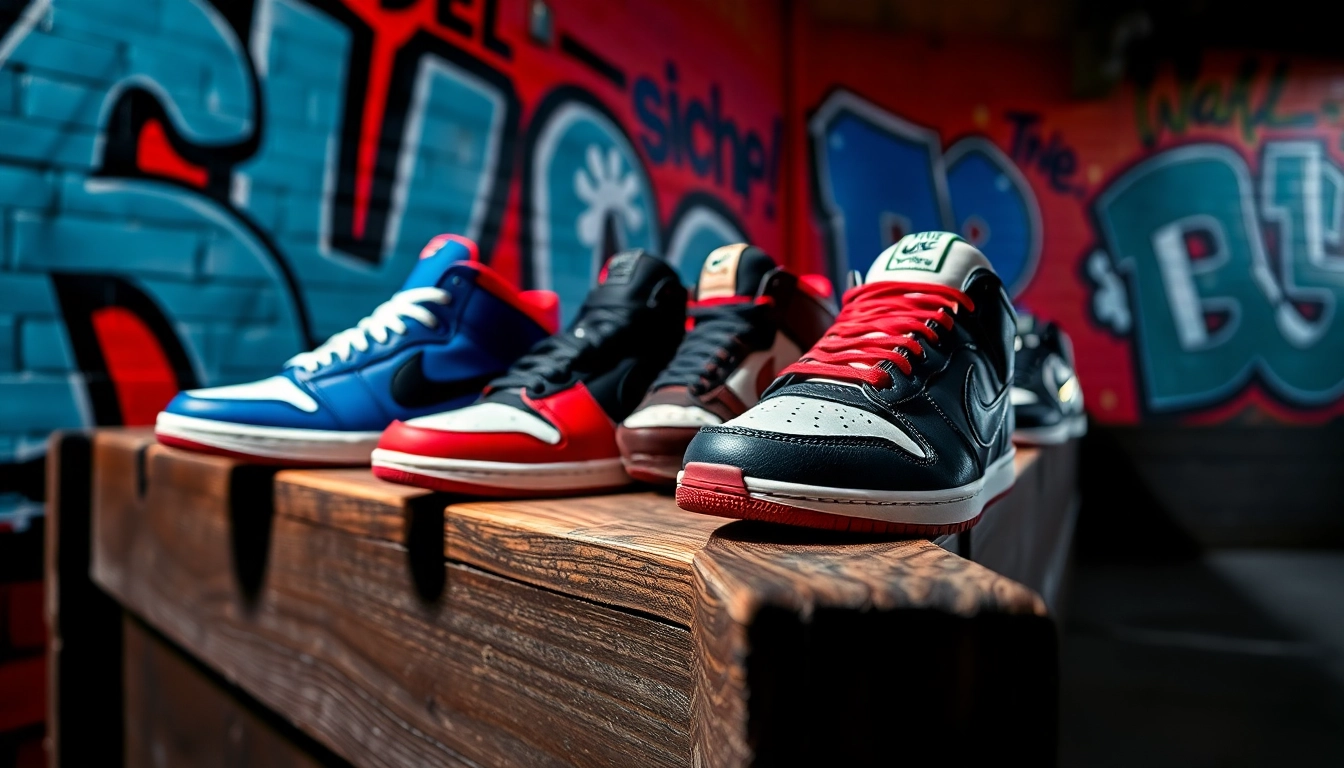 Sneaker reps displayed in a vibrant urban backdrop, showcasing unique styles and craftsmanship.