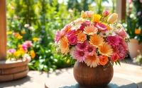 Arrange vibrant Irvine flowers in a rustic wooden vase on a sunlit patio.