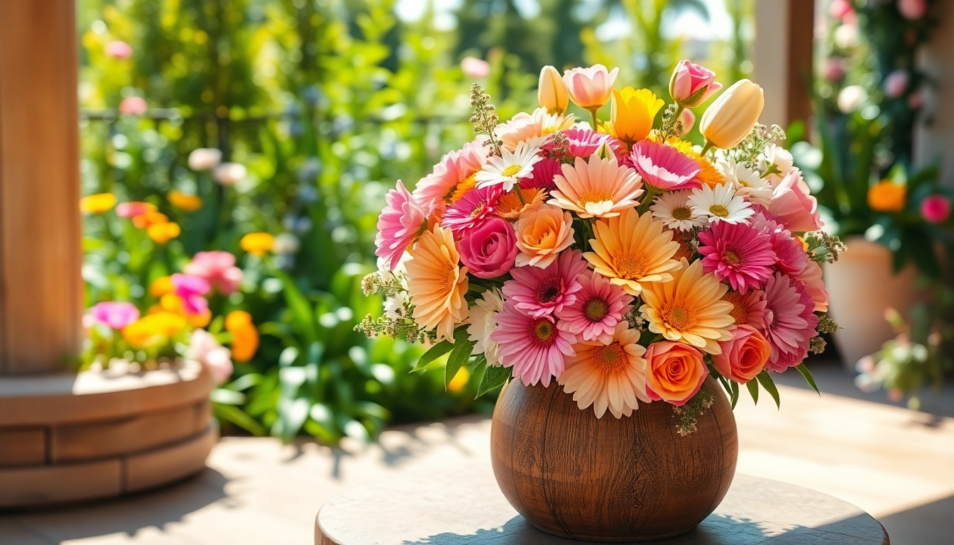 Arrange vibrant Irvine flowers in a rustic wooden vase on a sunlit patio.