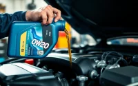 Pouring 0w20 engine oil into an engine, highlighting precision in car maintenance.