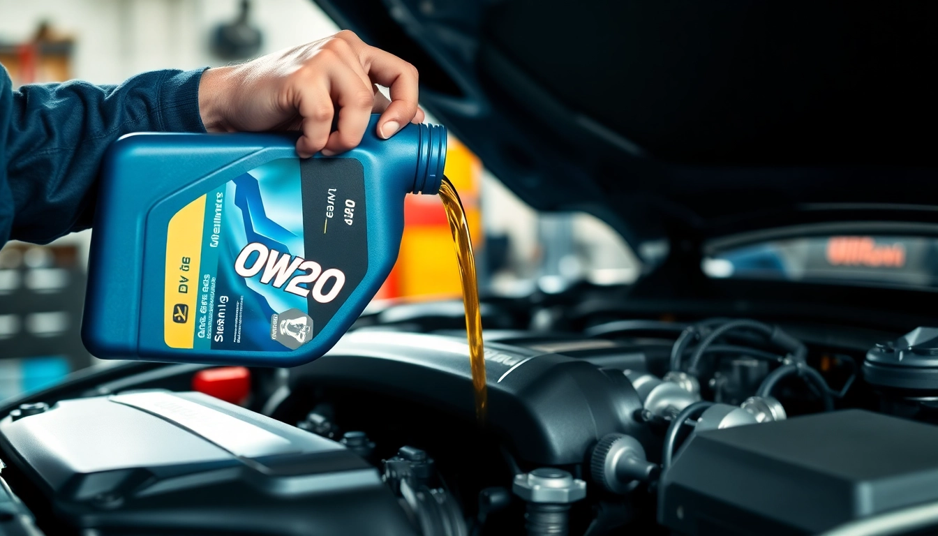 Pouring 0w20 engine oil into an engine, highlighting precision in car maintenance.