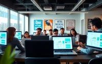 SMM panel Thailand professionals collaborating in a vibrant digital marketing workspace.