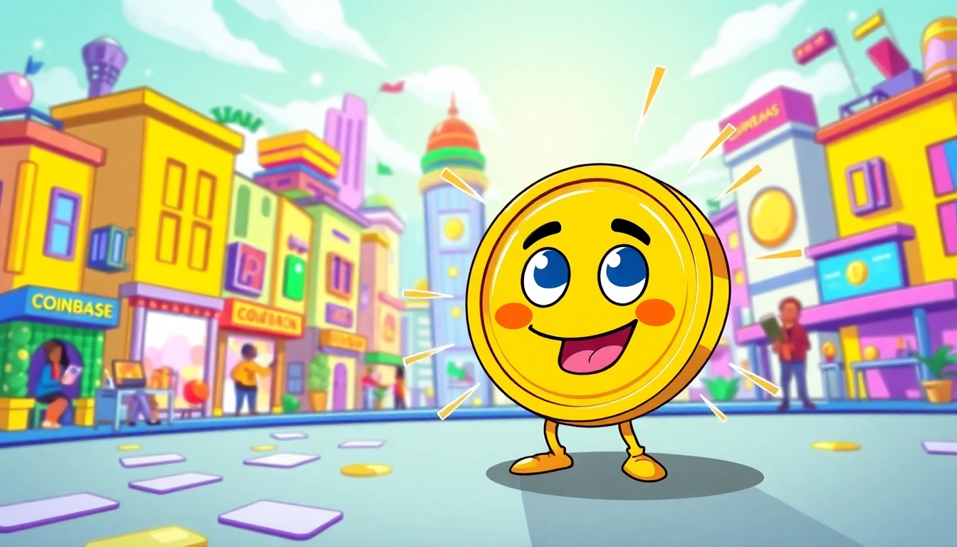 Animate your understanding of coinbase meme coin with a vibrant cartoon gold coin character.